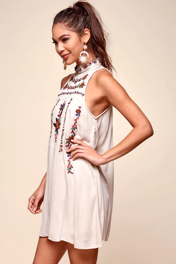 Shonda Floral Embroidered Detail Mid-Length Dress Beige