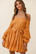 Frida Off-Shoulder Waist Tie Dress Tan