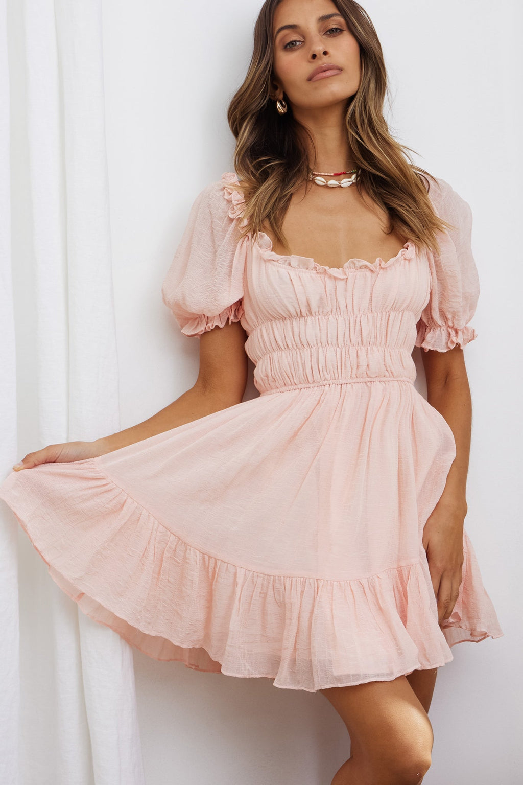 Romantics Shirred Bodice Puff Sleeve Mini Dress Blush