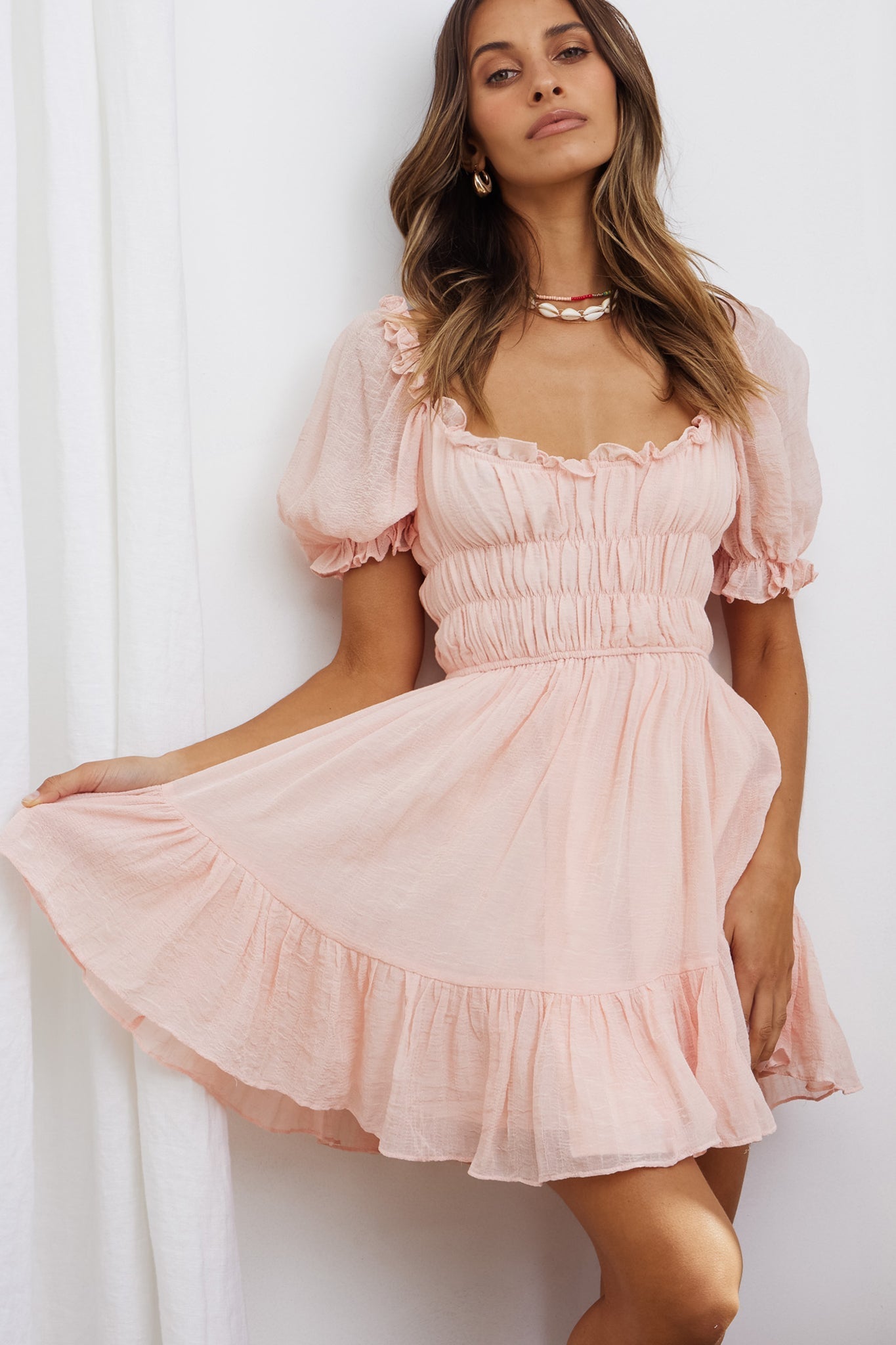 Romantics Shirred Bodice Puff Sleeve Mini Dress Blush