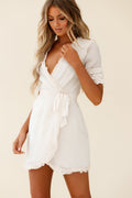 Shandra Short Sleeve Frill Trim Wrap Dress Beige