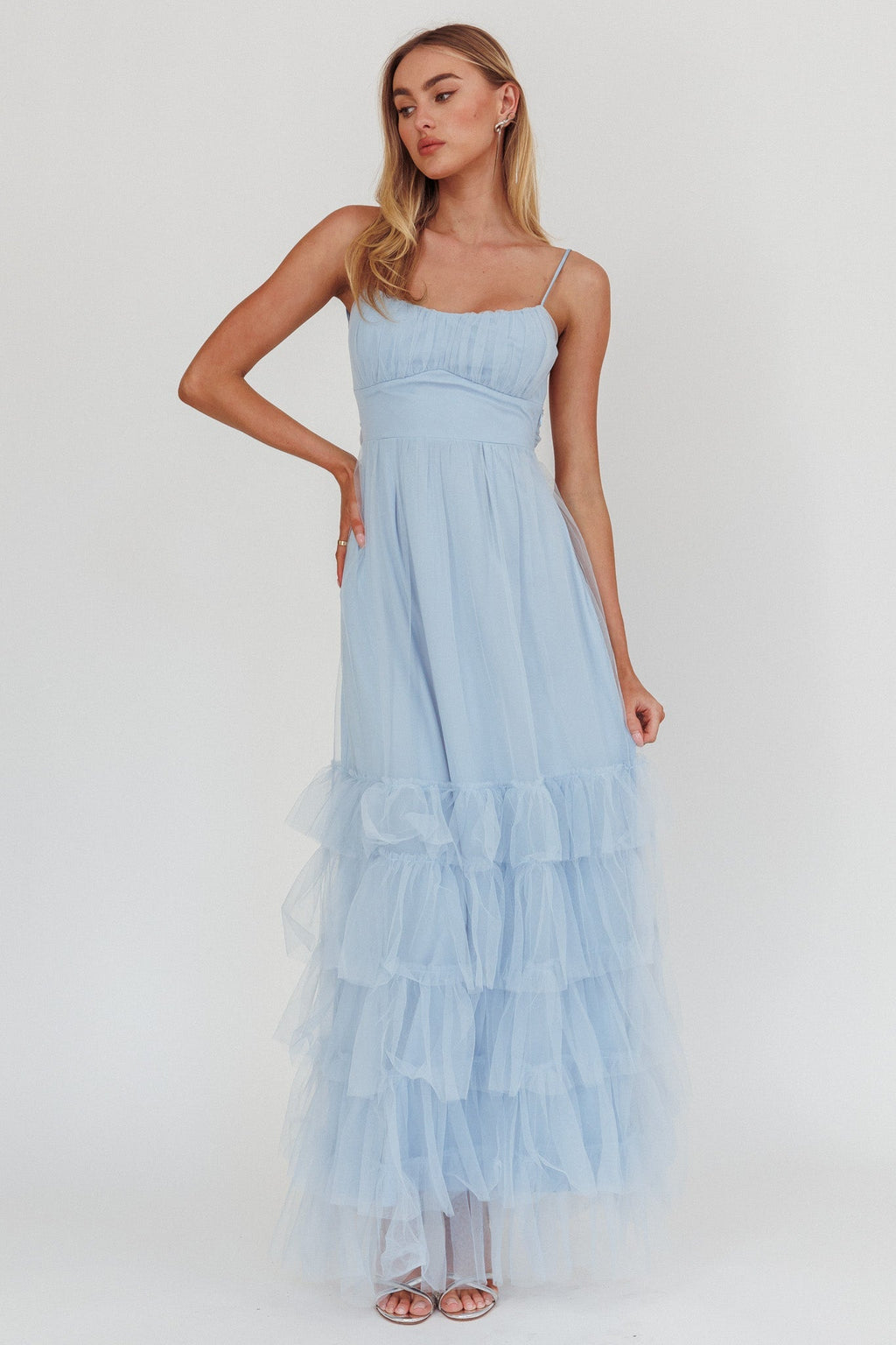 Nerida Twist Back Frill Trim Mesh Maxi Dress Steel Blue
