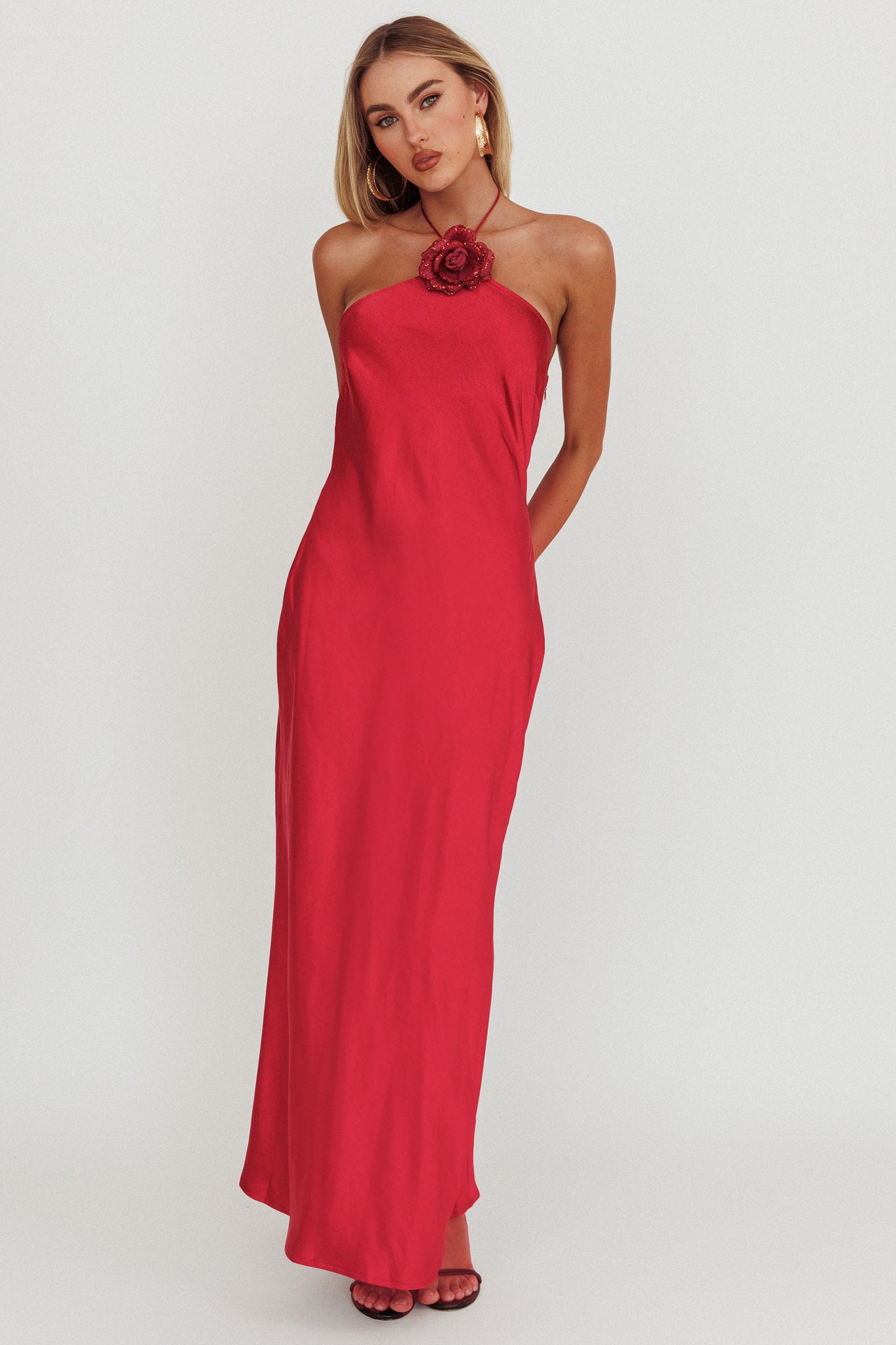 High Roller Flower Decoration Halter Dress Wine