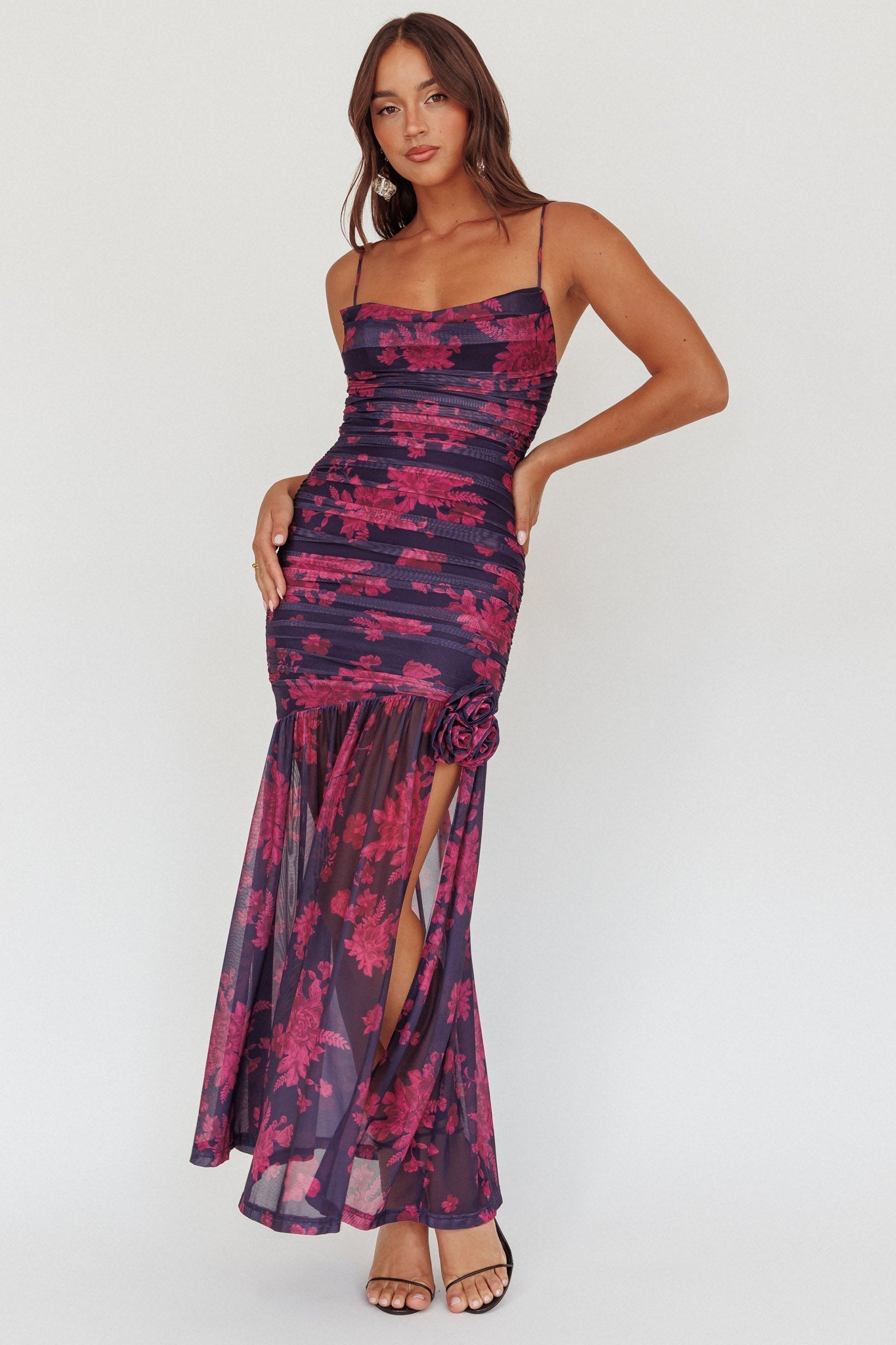 Stole The Show Ruched Mesh Maxi Dress Floral Grape