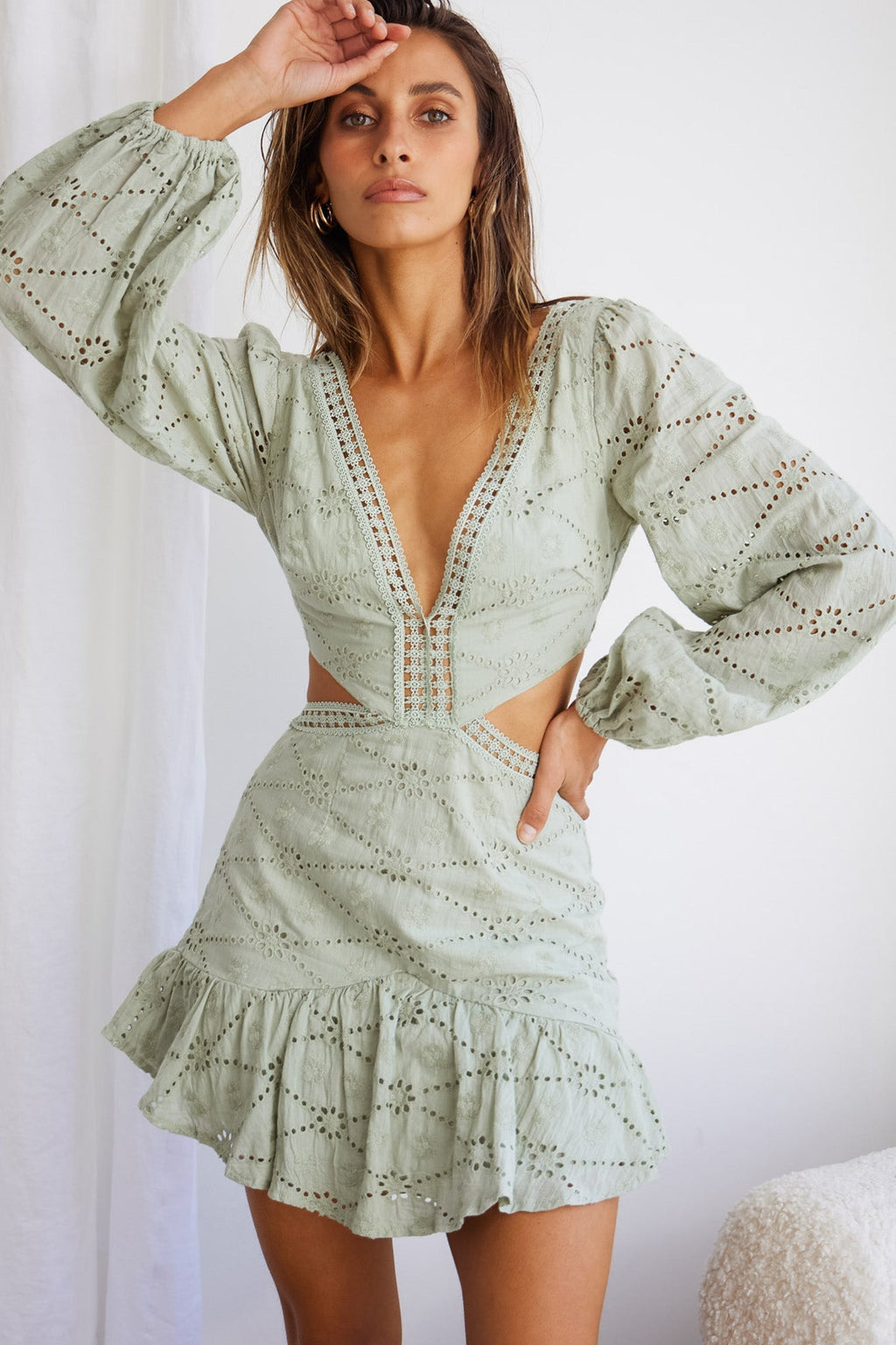 Santorini Sunset Balloon Sleeve Cut-Out Eyelet Dress Sage