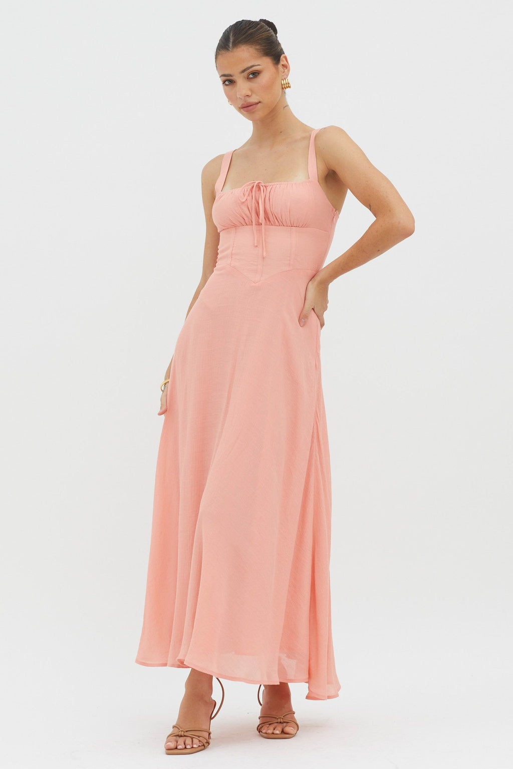 Sweet Pea Tied Bust A-Line Midi Dress Peach