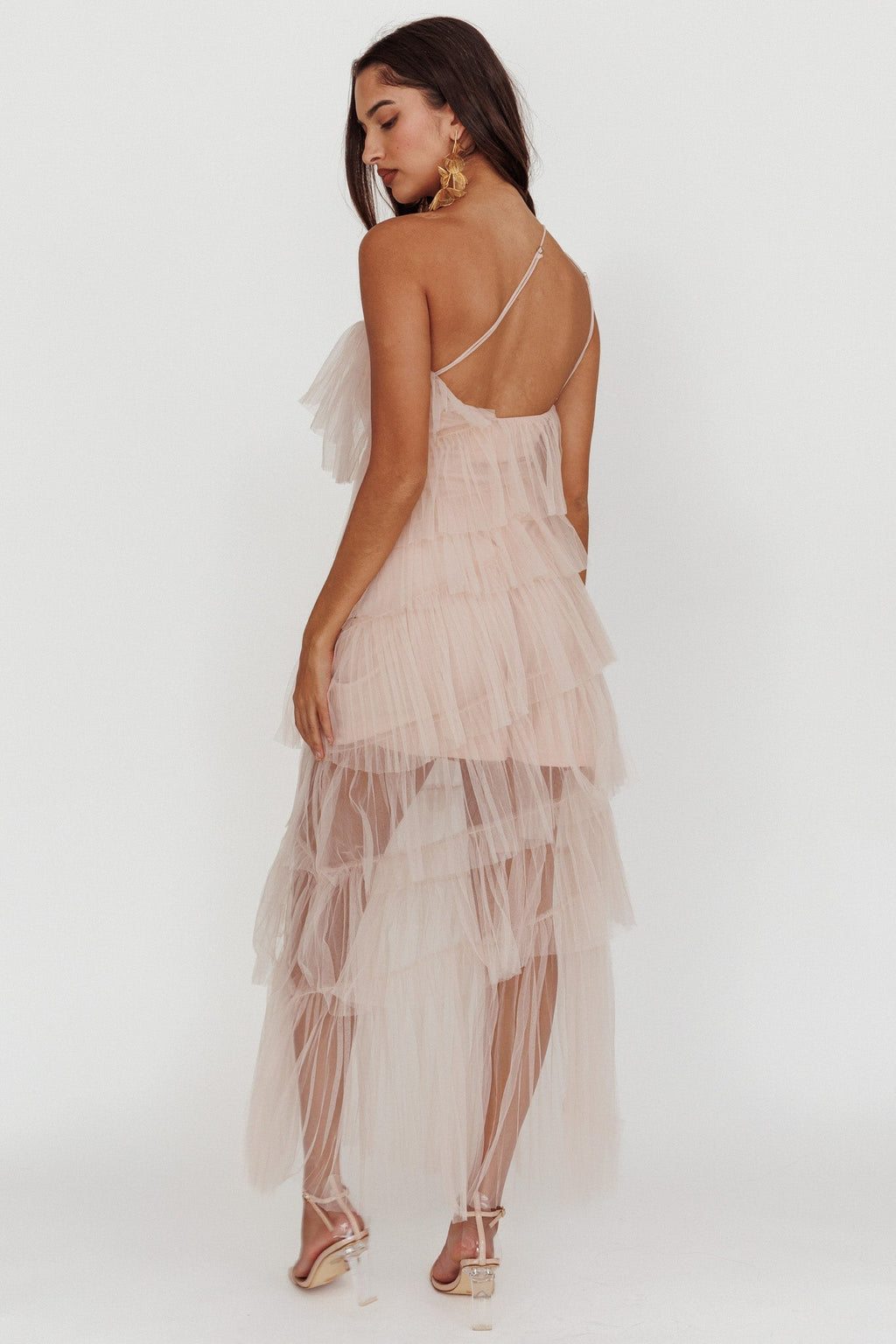 Arrabel Tiered Ruffle Tulle Maxi Dress Blush