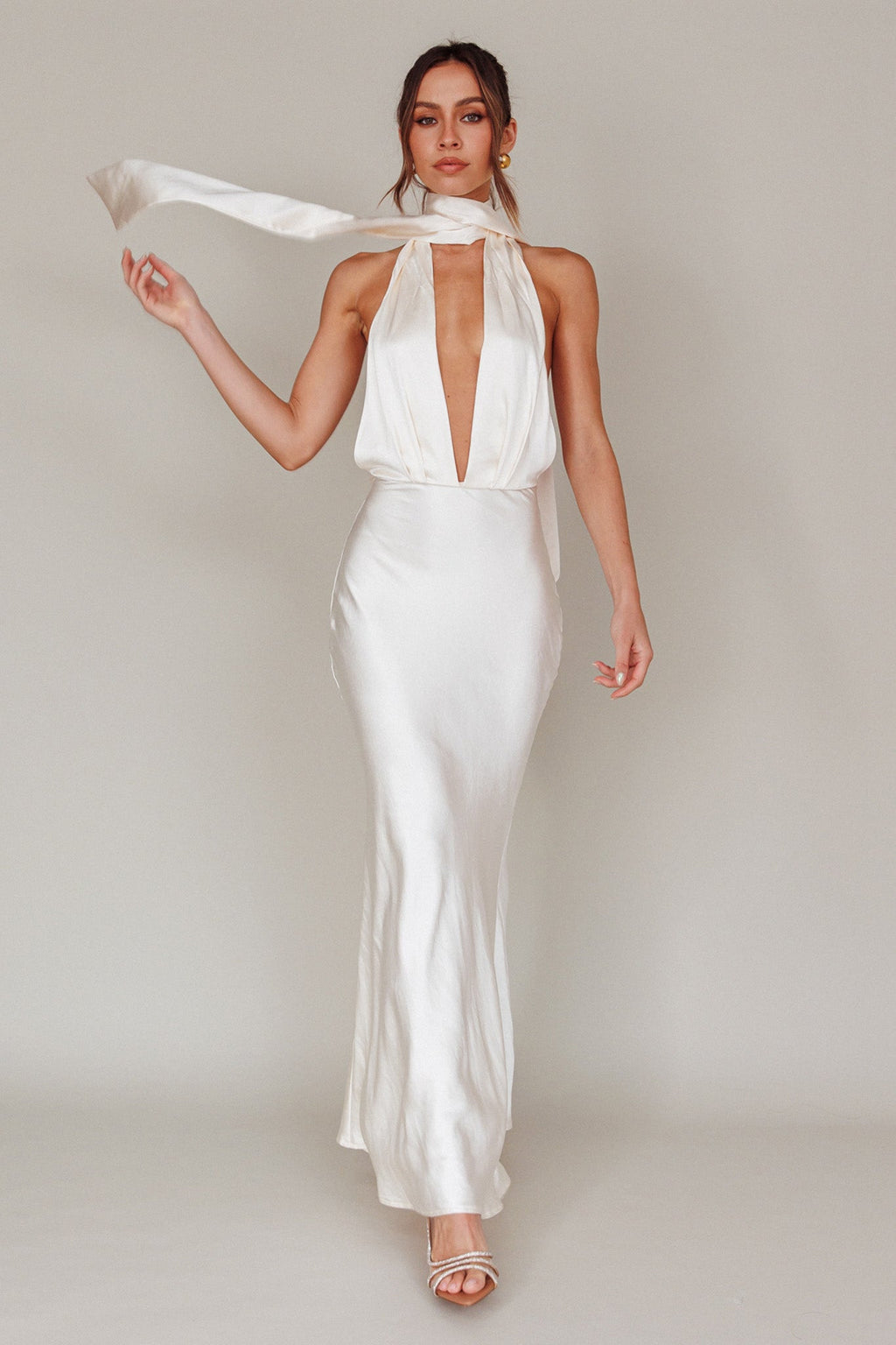 Italia Azure Halterneck Maxi Dress Oyster