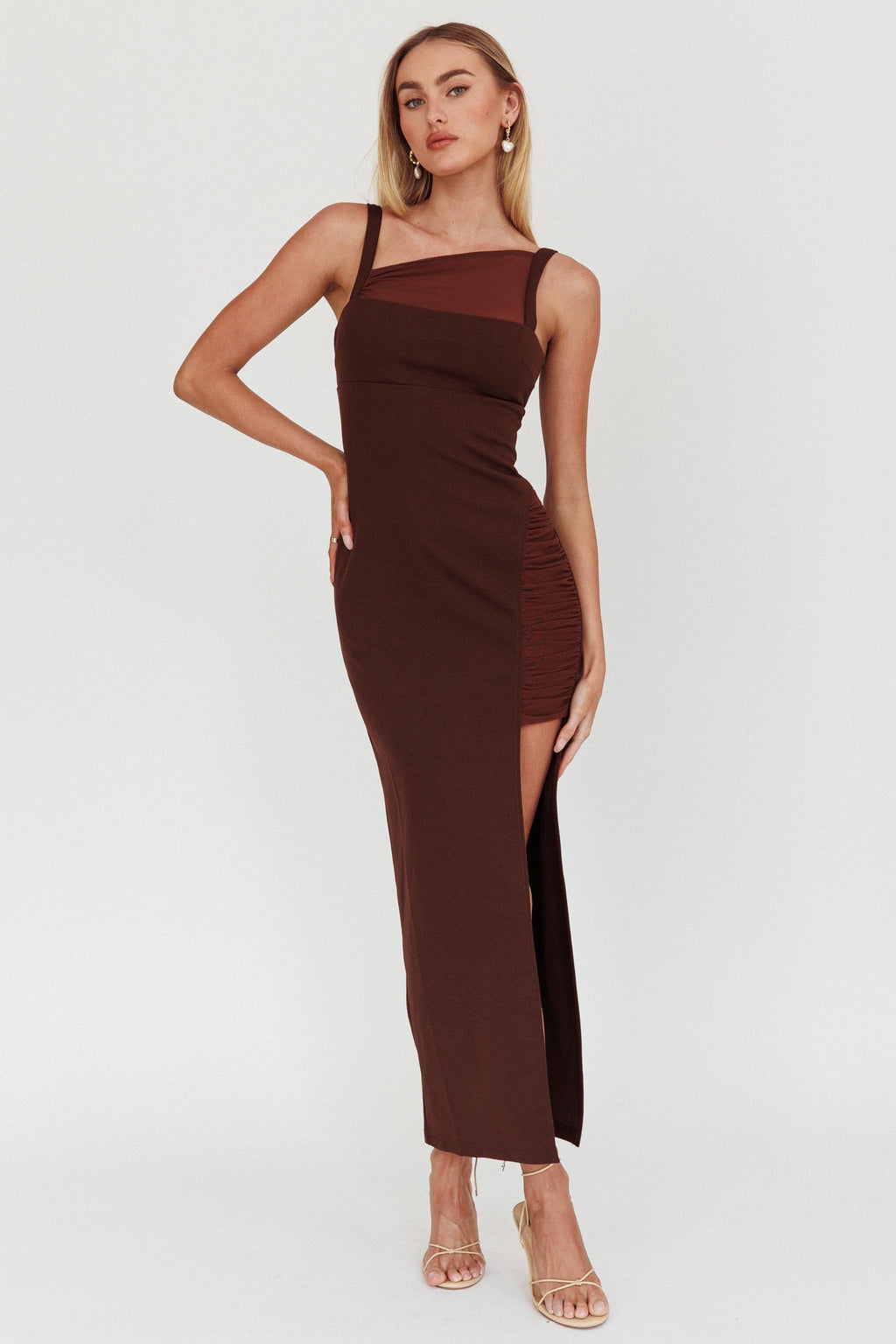 Zenya Split Ruched Maxi Dress Chocolate