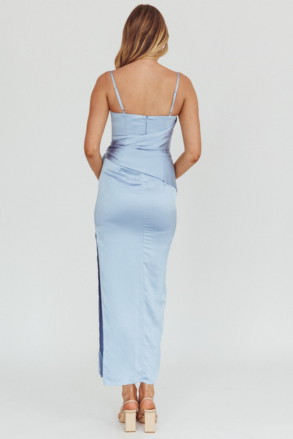 Celestine Waist Tie Satin Maxi Dress Light Blue
