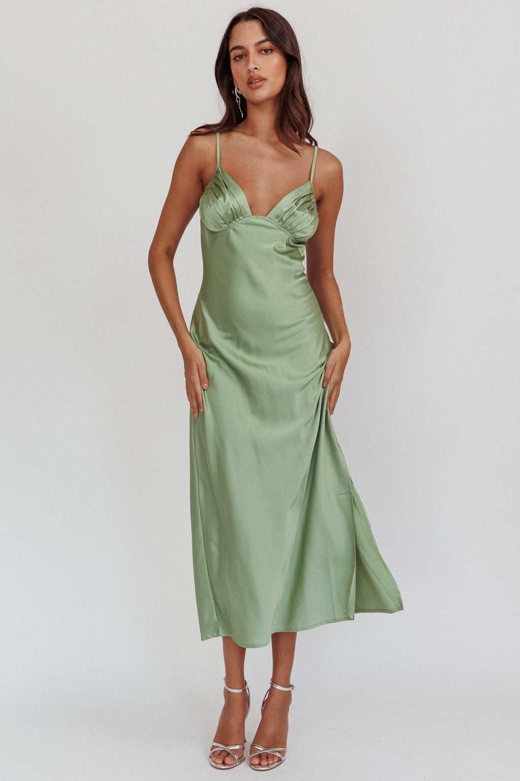 Felicity Pleat Bust Split Midi Dress Sage