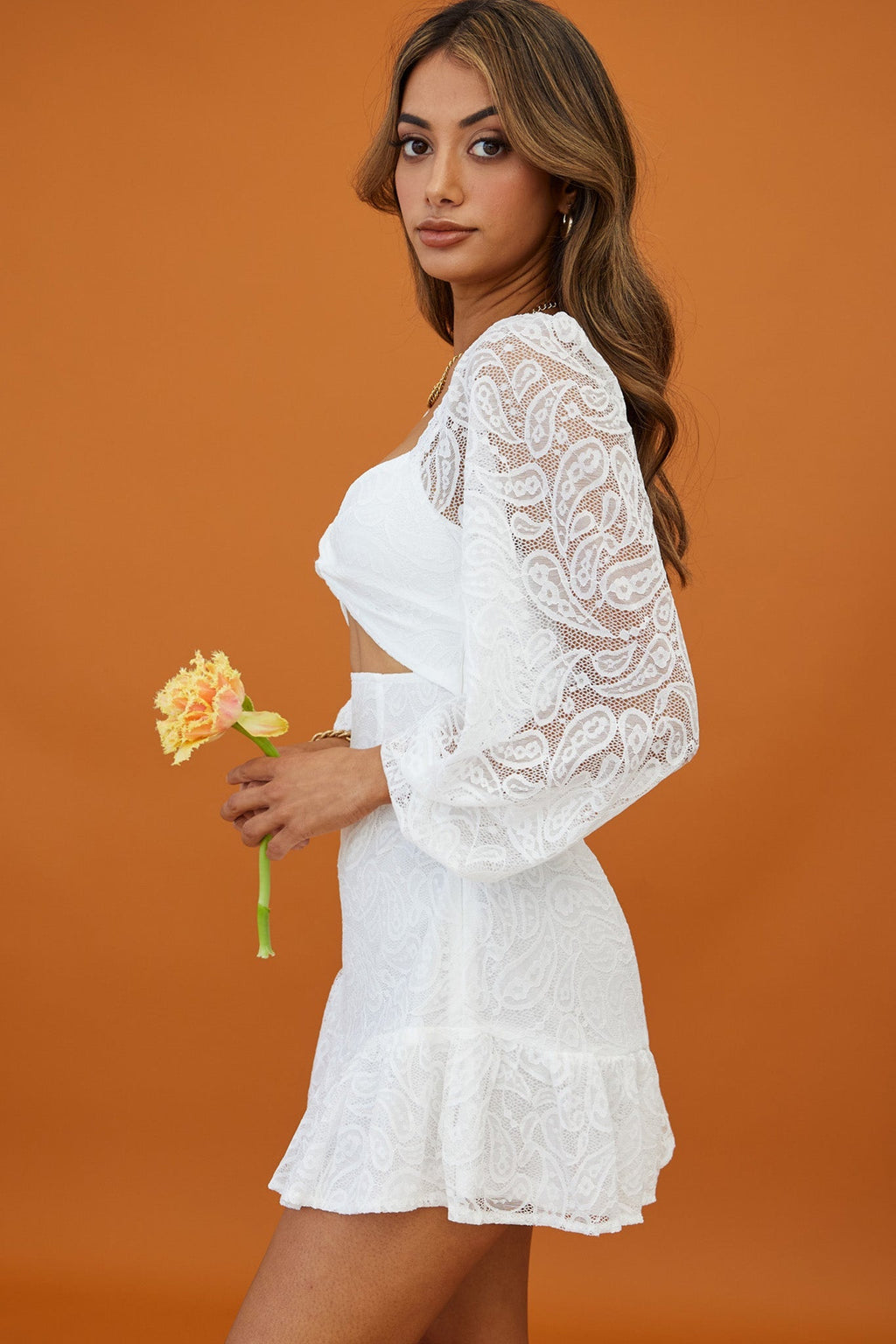 La La Land Twisted Bust & Back Paisley Lace Mini Dress White