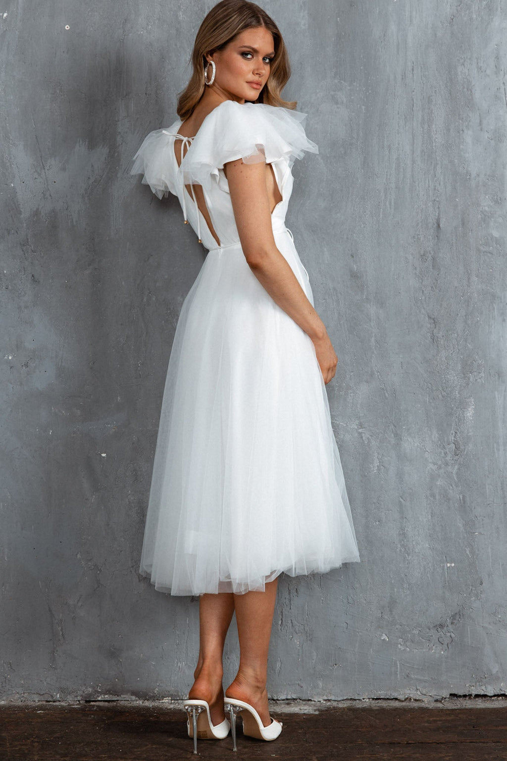 Leap Of Faith Frill Shoulder Tulle Midi Dress White