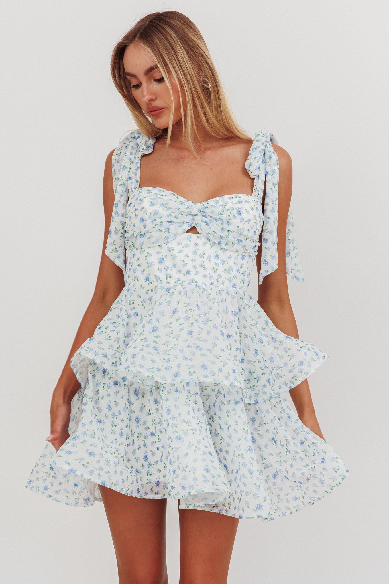 Oliana Tied Shoulder Tiered Mini Dress Floral Blue