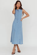 Passionate Flame Sleeveless A-line Midi Dress Denim Blue