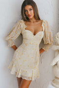 Desiree Sweetheart Neckline Shirred Cuff Frill Dress Floral Print Yellow
