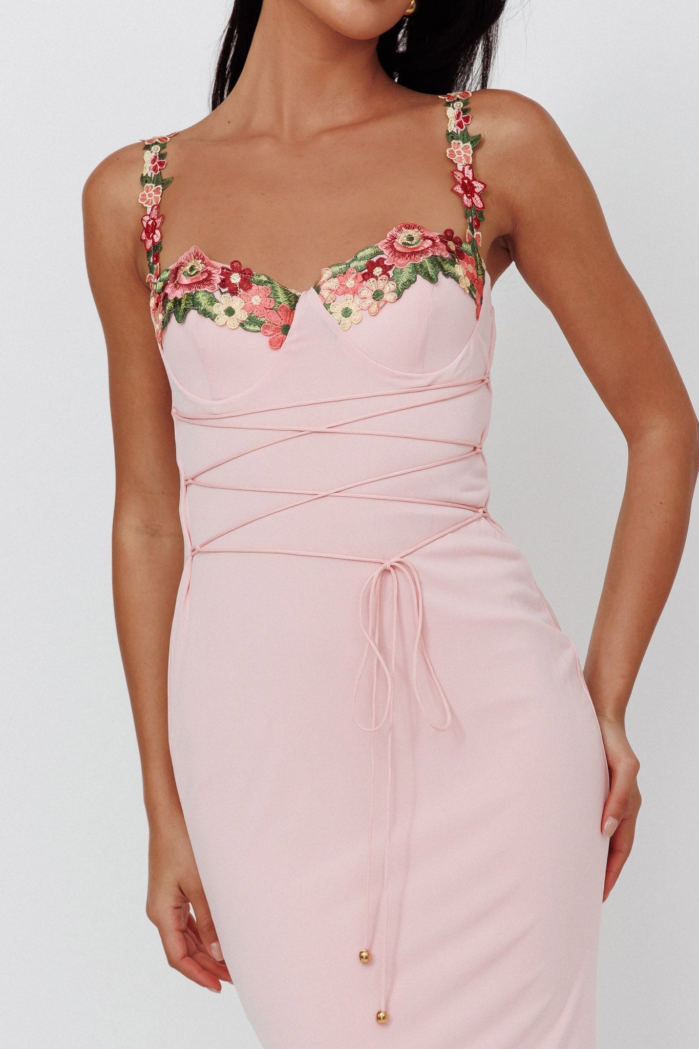 Rose Garden Floral Applique Laced Midi Dress Baby Pink