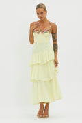 Rose Garden Tiered Ruffle Floral Trim Dress Lemon
